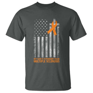 God Stronger Multiple Sclerosis Awareness T Shirt Orange Ribbon Christian US USA Flag American Christ Cross TS10 Dark Heather Print Your Wear