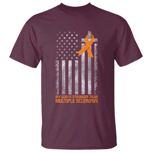 God Stronger Multiple Sclerosis Awareness T Shirt Orange Ribbon Christian US USA Flag American Christ Cross TS10 Maroon Print Your Wear