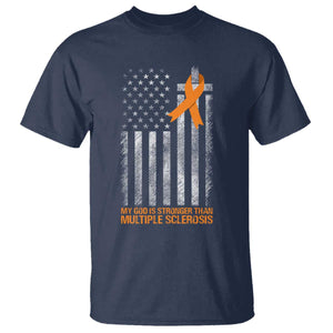 God Stronger Multiple Sclerosis Awareness T Shirt Orange Ribbon Christian US USA Flag American Christ Cross TS10 Navy Print Your Wear