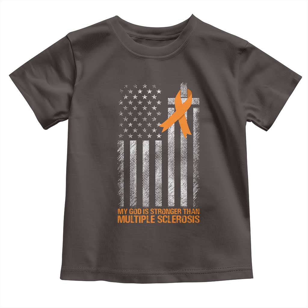 God Stronger Multiple Sclerosis Awareness Toddler T Shirt Orange Ribbon Christian US USA Flag American Christ Cross TS10 Dark Chocolate Print Your Wear
