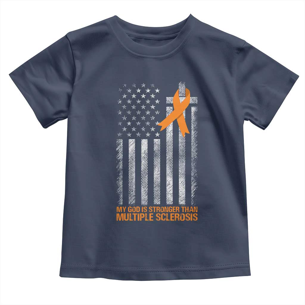 God Stronger Multiple Sclerosis Awareness Toddler T Shirt Orange Ribbon Christian US USA Flag American Christ Cross TS10 Navy Print Your Wear