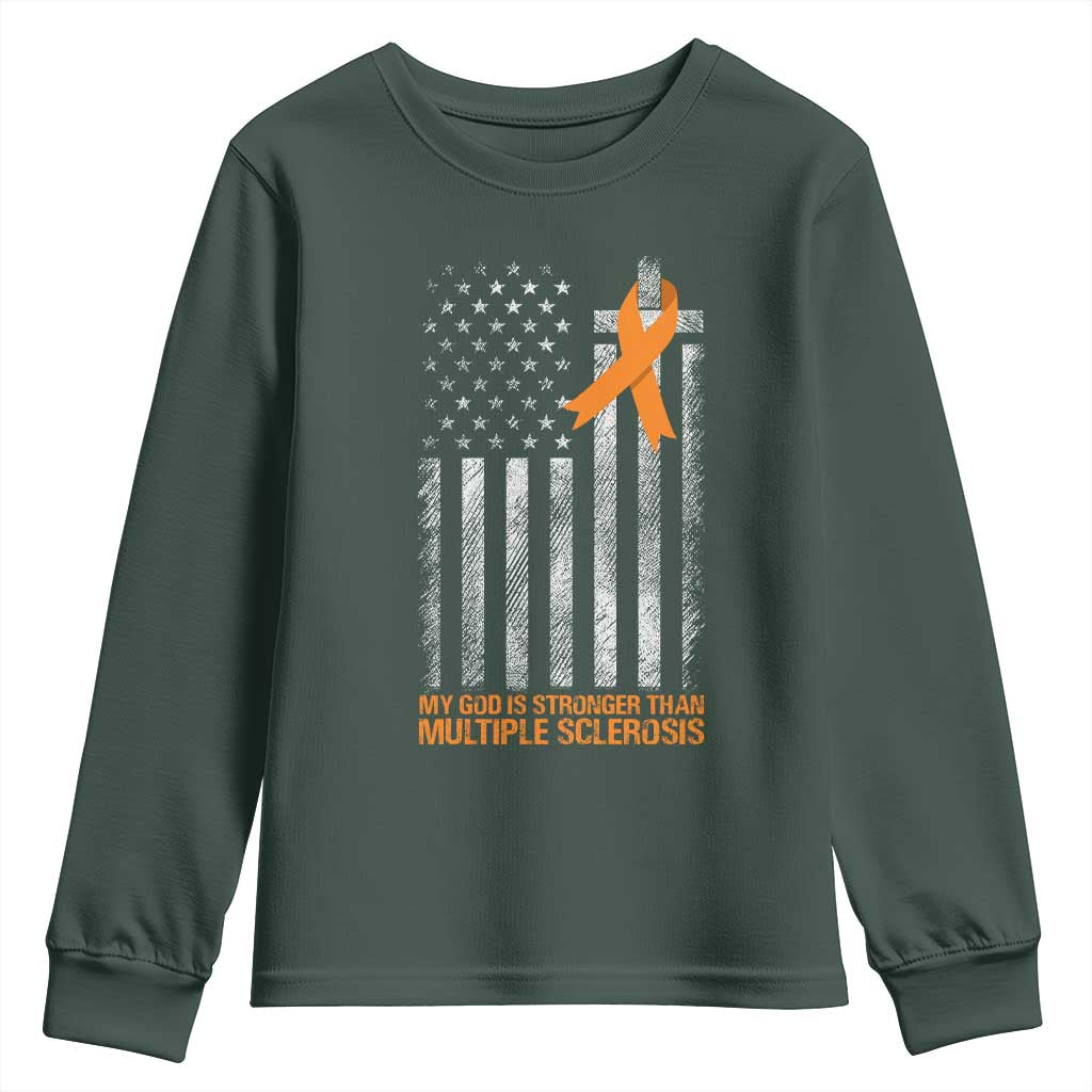 God Stronger Multiple Sclerosis Awareness Youth Sweatshirt Orange Ribbon Christian US USA Flag American Christ Cross TS10 Dark Forest Green Print Your Wear