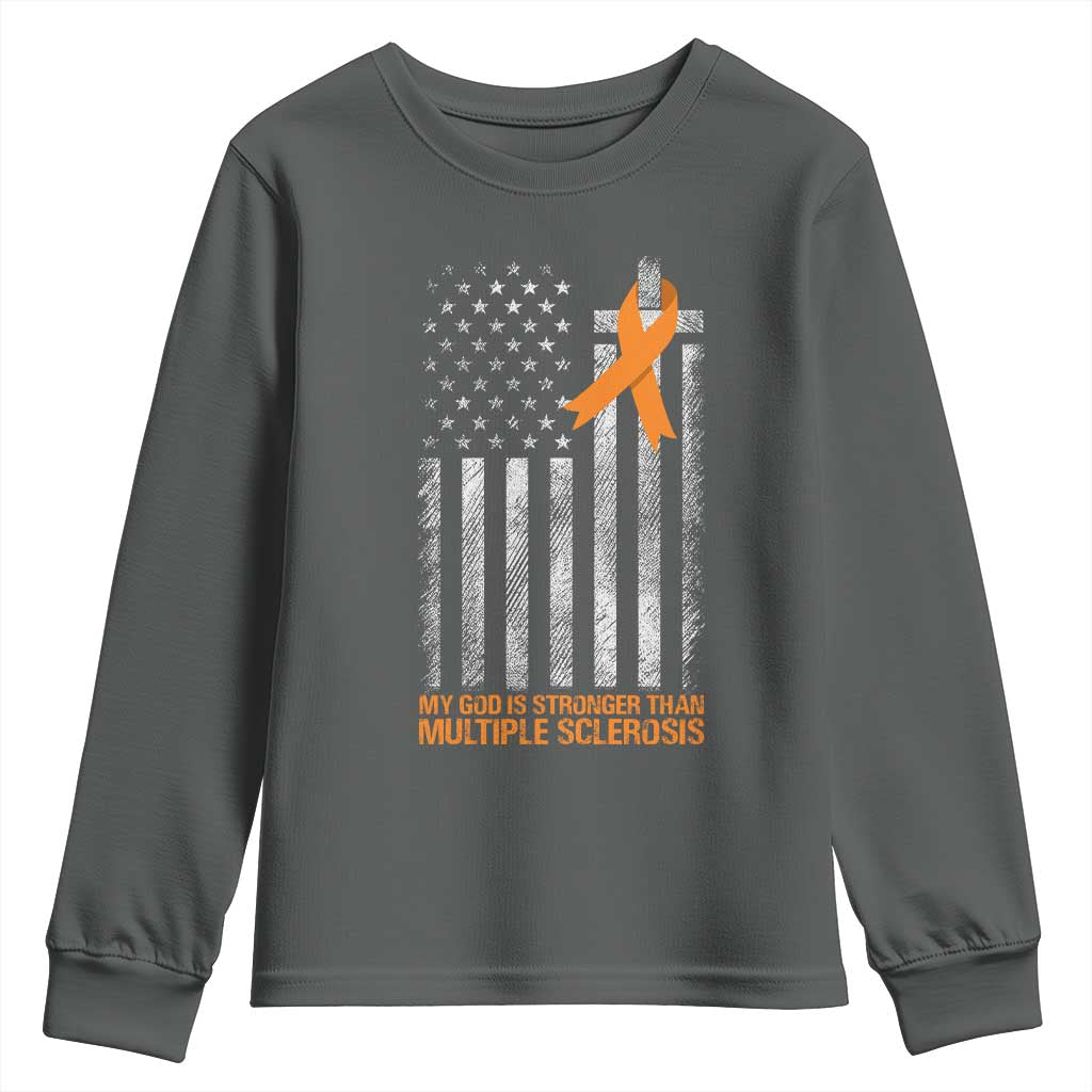 God Stronger Multiple Sclerosis Awareness Youth Sweatshirt Orange Ribbon Christian US USA Flag American Christ Cross TS10 Dark Heather Print Your Wear
