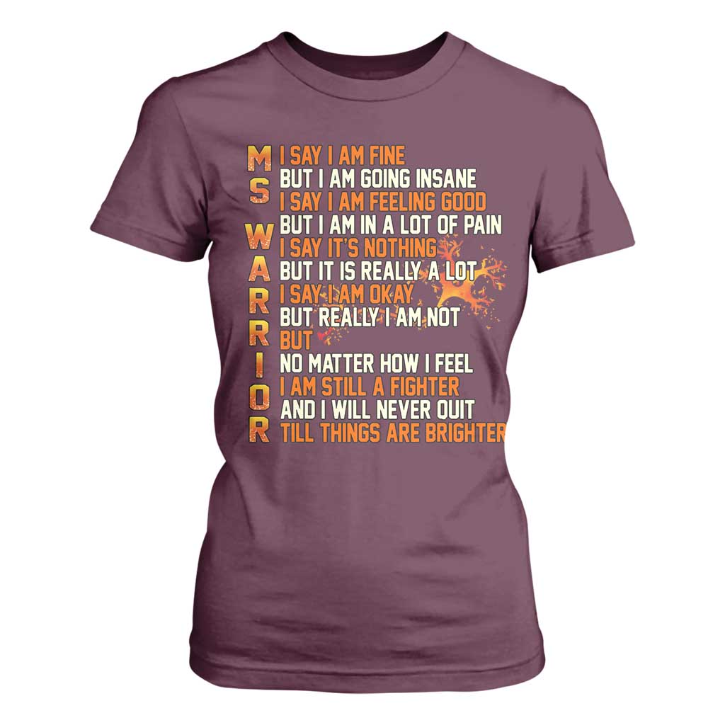 Multiple Sclerosis Awareness T Shirt For Women Fight MS Orange Ribbon TS10 Maroon Print Your Wear