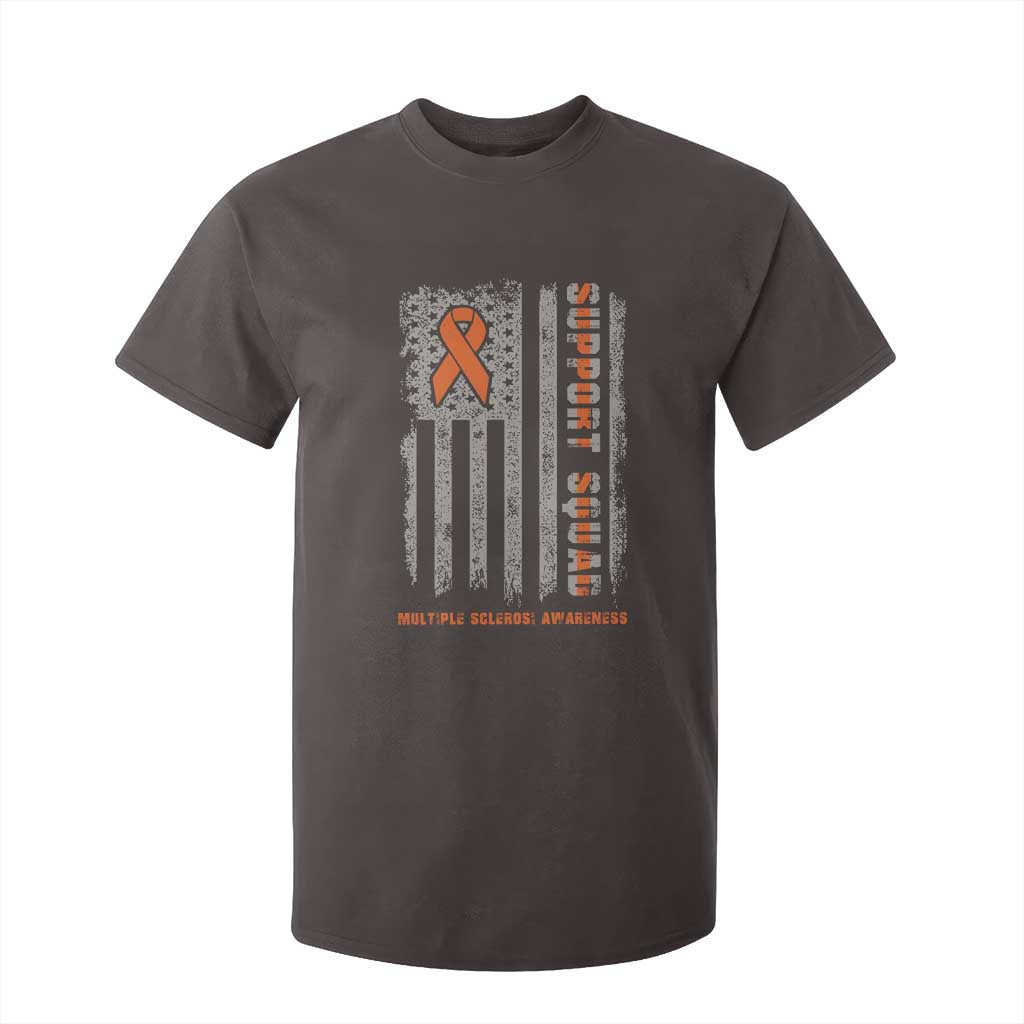 MS Support Squad T Shirt For Kid Orange Ribbon Multiple Sclerosis Awareness USA Flag TS10 Dark Chocolate Print Your Wear
