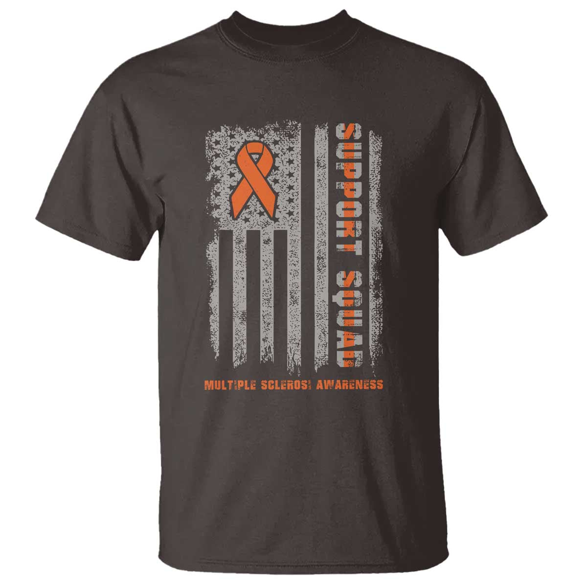 MS Support Squad T Shirt - Orange Ribbon Multiple Sclerosis Awareness USA Flag Tee TS10 Dark Chocolate Print Your Wear