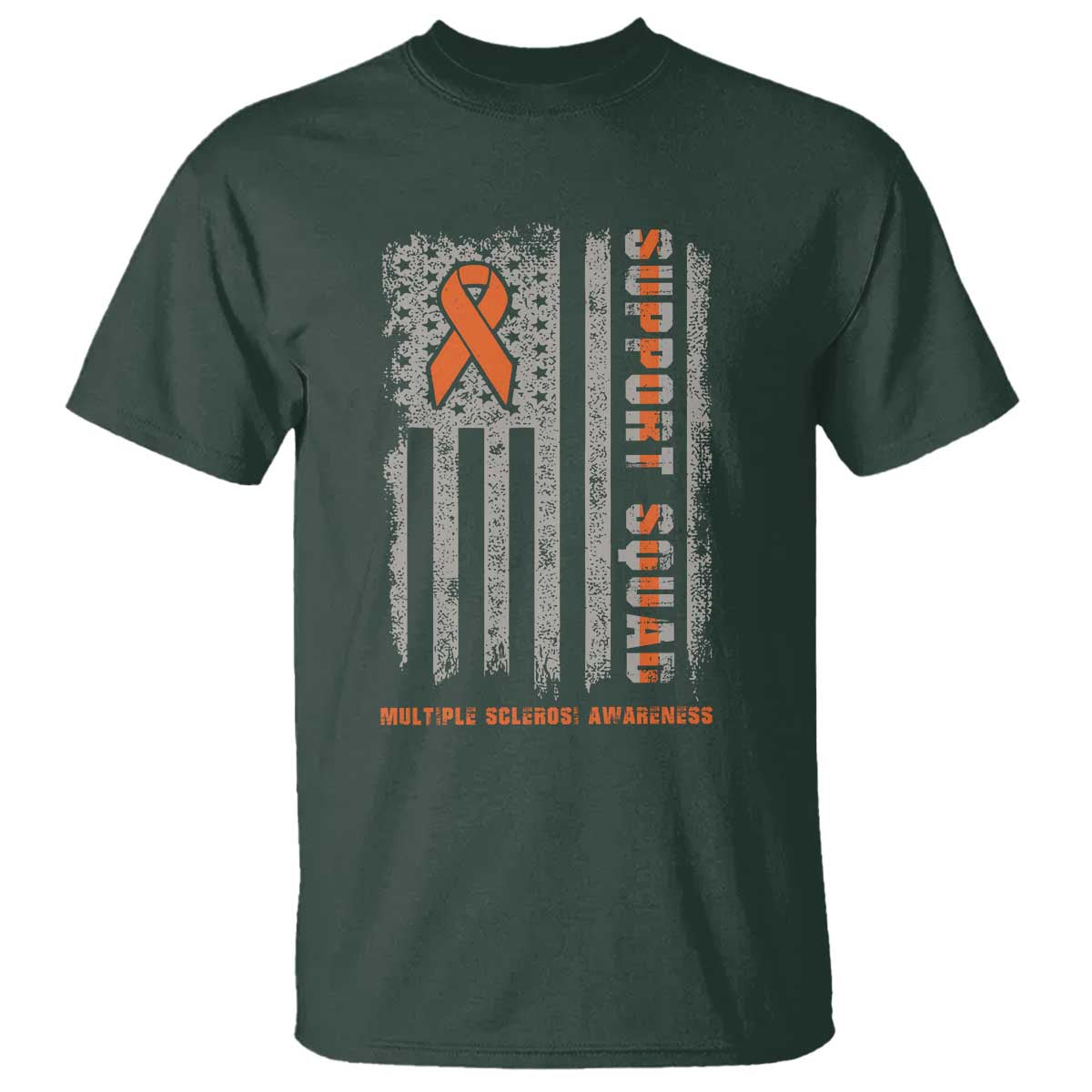 MS Support Squad T Shirt Orange Ribbon Multiple Sclerosis Awareness USA Flag TS10 Dark Forest Green Print Your Wear