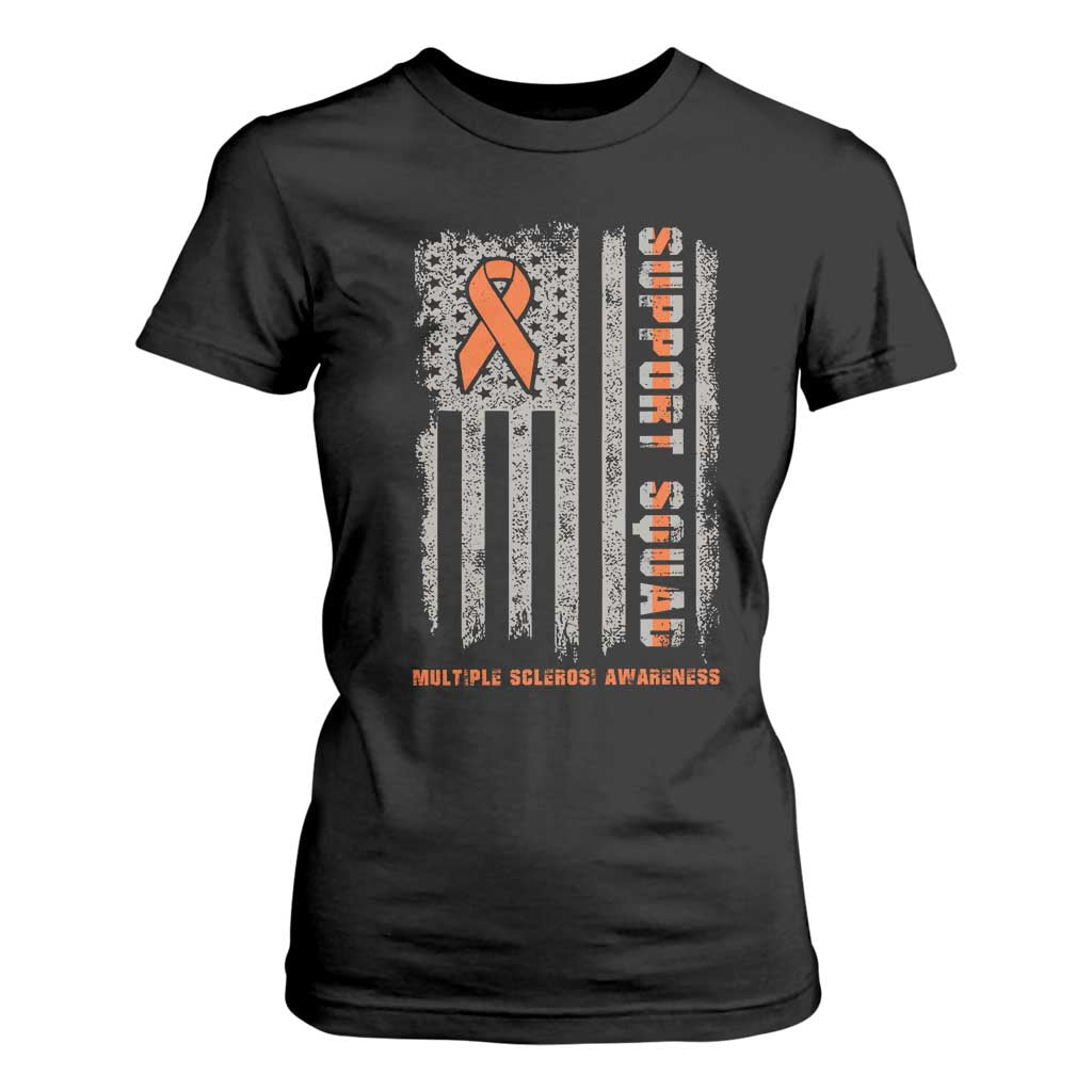 MS Support Squad T Shirt For Women Orange Ribbon Multiple Sclerosis Awareness USA Flag TS10 Black Print Your Wear