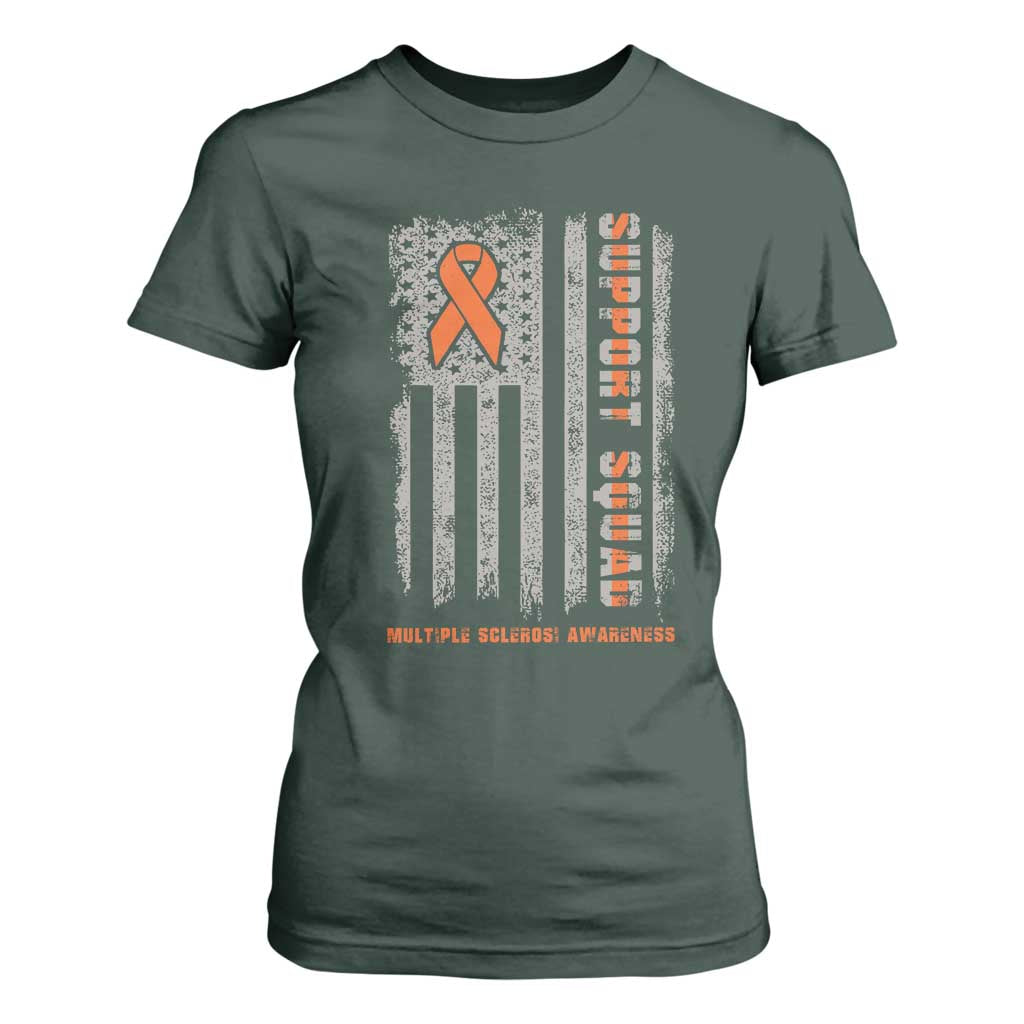 MS Support Squad T Shirt For Women Orange Ribbon Multiple Sclerosis Awareness USA Flag TS10 Dark Forest Green Print Your Wear