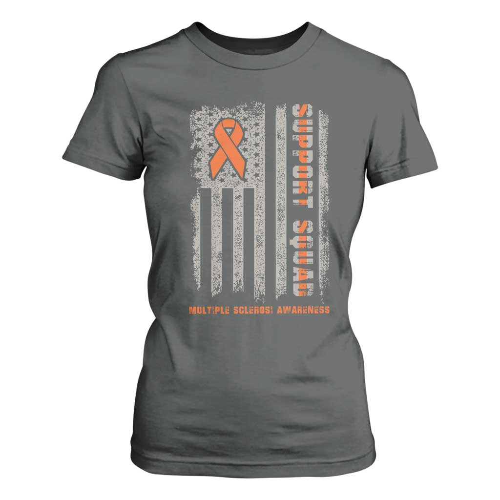 MS Support Squad T Shirt For Women Orange Ribbon Multiple Sclerosis Awareness USA Flag TS10 Dark Heather Print Your Wear