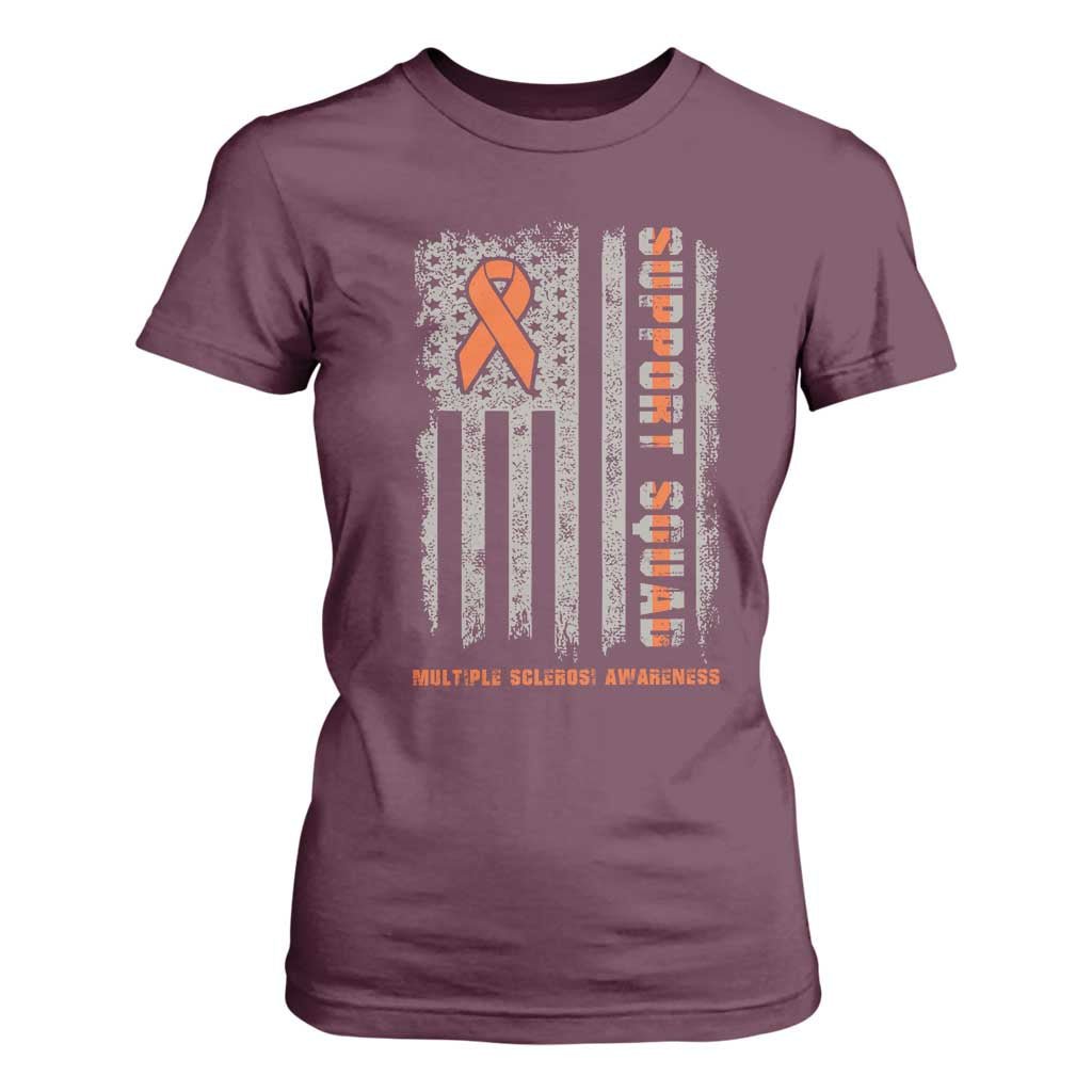 MS Support Squad T Shirt For Women Orange Ribbon Multiple Sclerosis Awareness USA Flag TS10 Maroon Print Your Wear