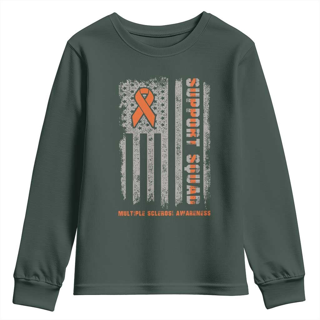 MS Support Squad Youth Sweatshirt Orange Ribbon Multiple Sclerosis Awareness USA Flag TS10 Dark Forest Green Print Your Wear