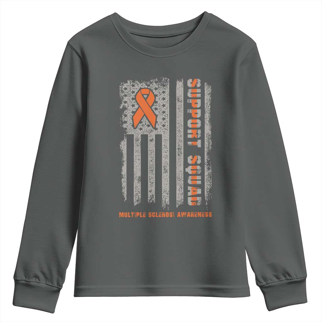 MS Support Squad Youth Sweatshirt Orange Ribbon Multiple Sclerosis Awareness USA Flag TS10 Dark Heather Print Your Wear