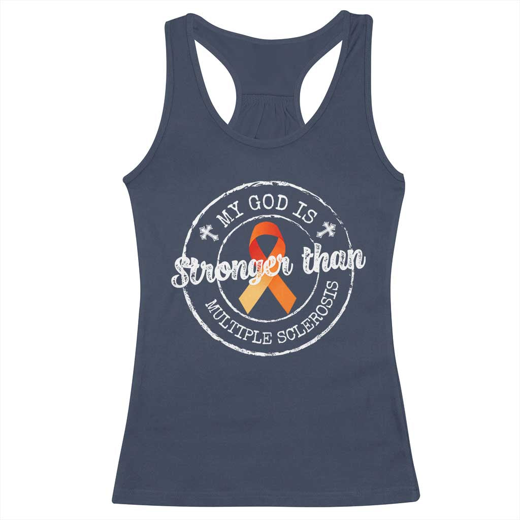 MS Awareness Racerback Tank Top Orange Ribbon God Stronger MS TS10 Navy Print Your Wear