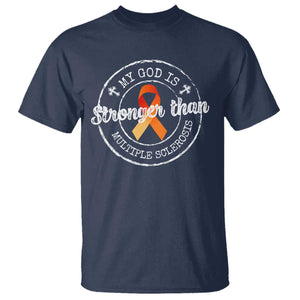 MS Awareness T Shirt Orange Ribbon God Stronger MS TS10 Navy Print Your Wear