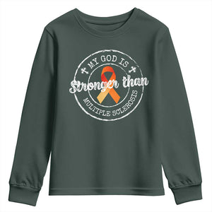 MS Awareness Youth Sweatshirt Orange Ribbon God Stronger MS TS10 Dark Forest Green Print Your Wear