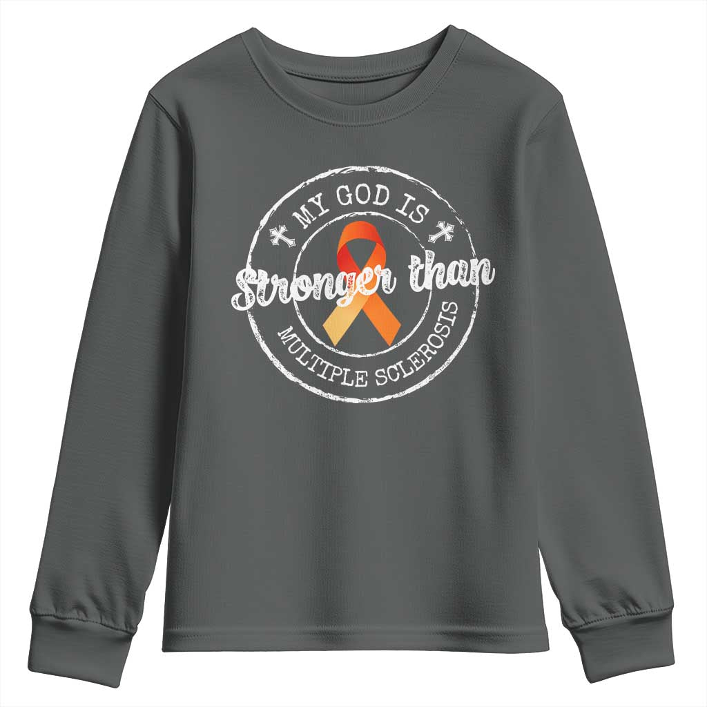 MS Awareness Youth Sweatshirt Orange Ribbon God Stronger MS TS10 Dark Heather Print Your Wear
