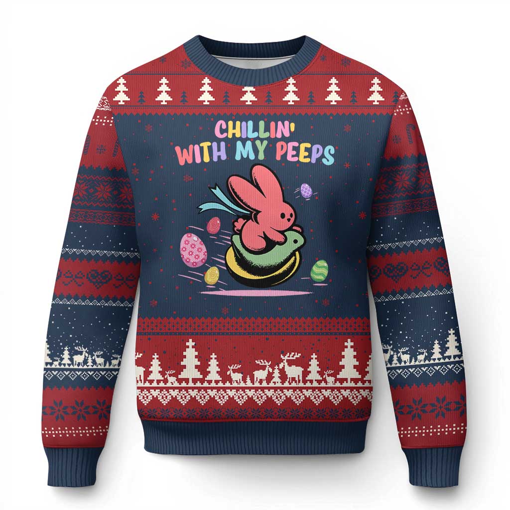 Easter Day Ugly Christmas Sweater Chillin With My Peeps Bunnies TS10 Navy Red Print Your Wear
