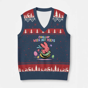 Easter Day V-Neck Knit Sweater Vest Chillin With My Peeps Bunnies TS10 Navy Red Print Your Wear
