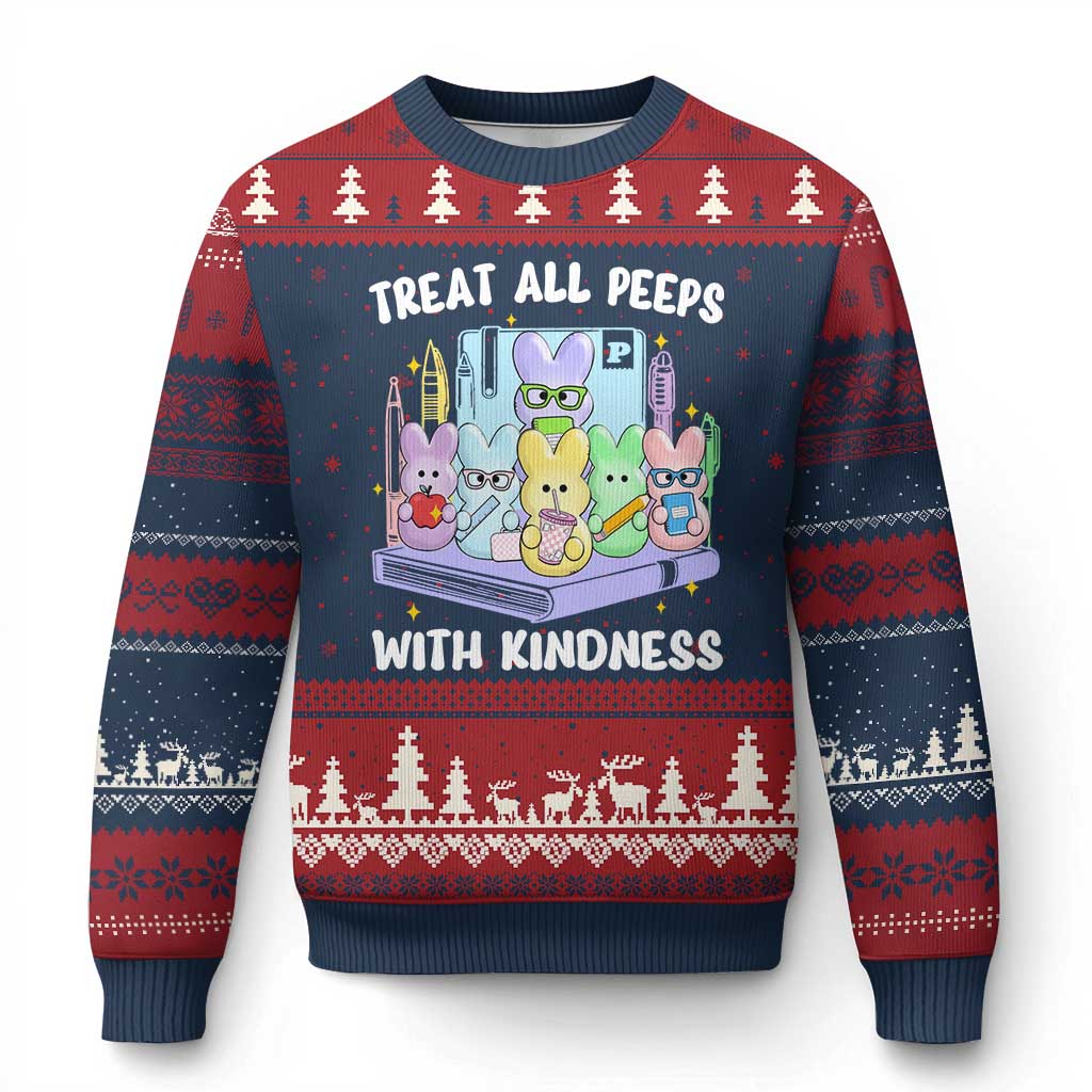Teachers Easter Ugly Christmas Sweater Treat All Peeps With Kindness TS10 Navy Red Print Your Wear