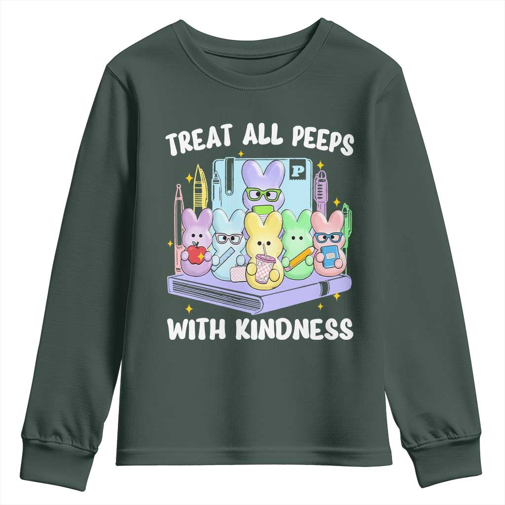 Teachers Easter Youth Sweatshirt Treat All Peeps With Kindness TS10 Dark Forest Green Print Your Wear
