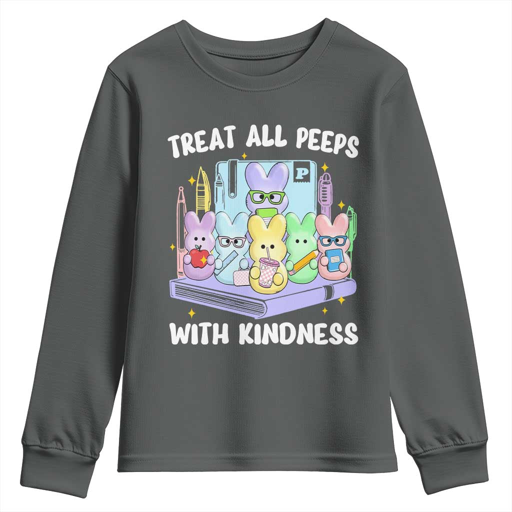 Teachers Easter Youth Sweatshirt Treat All Peeps With Kindness TS10 Dark Heather Print Your Wear