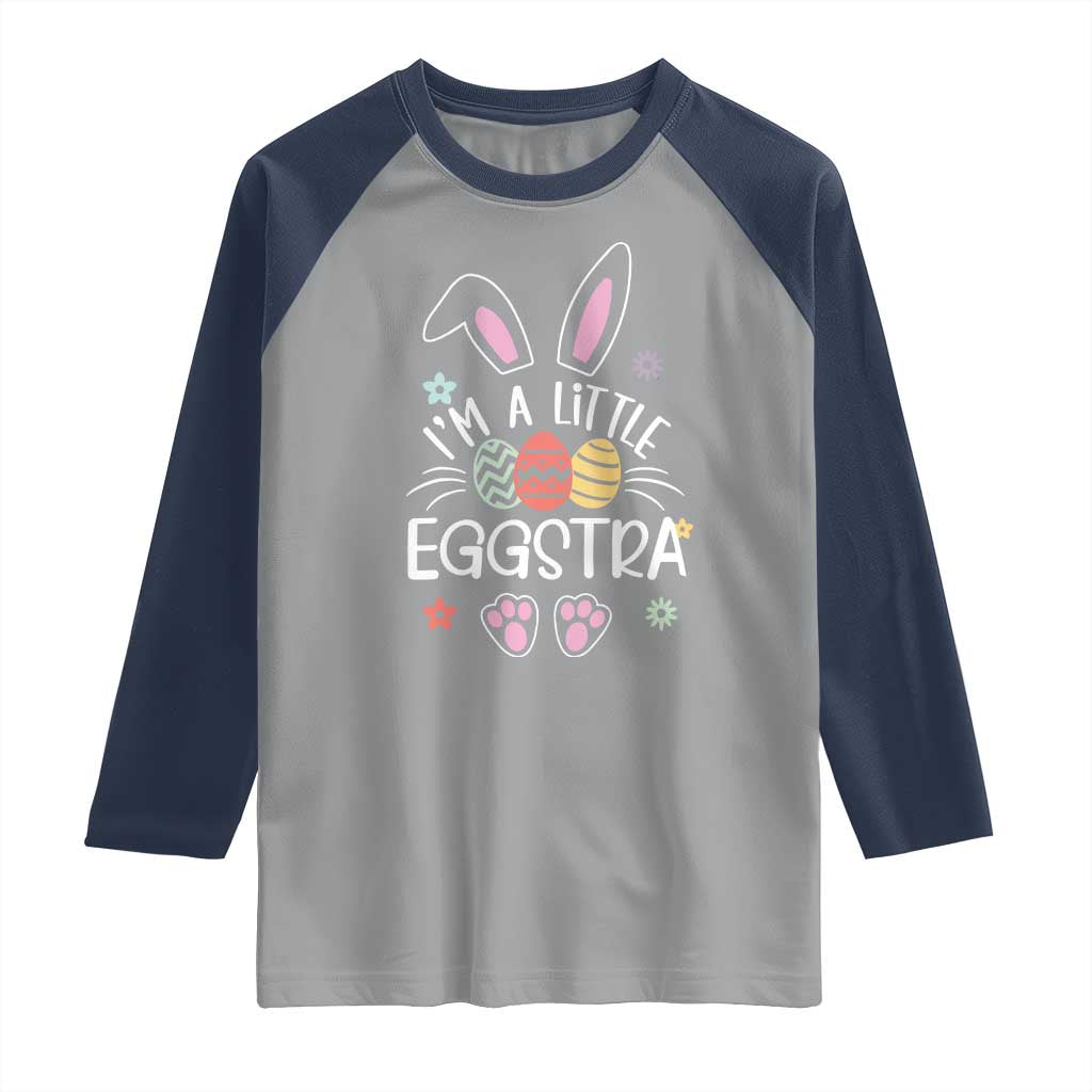 Funny Easter Raglan Shirt Im A Little Eggstra Bunny Cute Kids Toddler TS10 Sport Gray Navy Print Your Wear