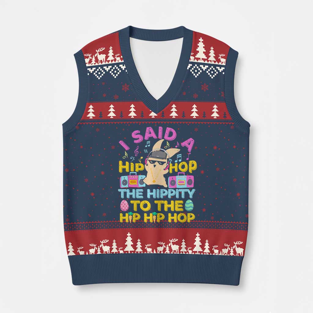 Funny Hip Hop Hippity Easter Bunny V-Neck Knit Sweater Vest TS10 Navy Red Print Your Wear