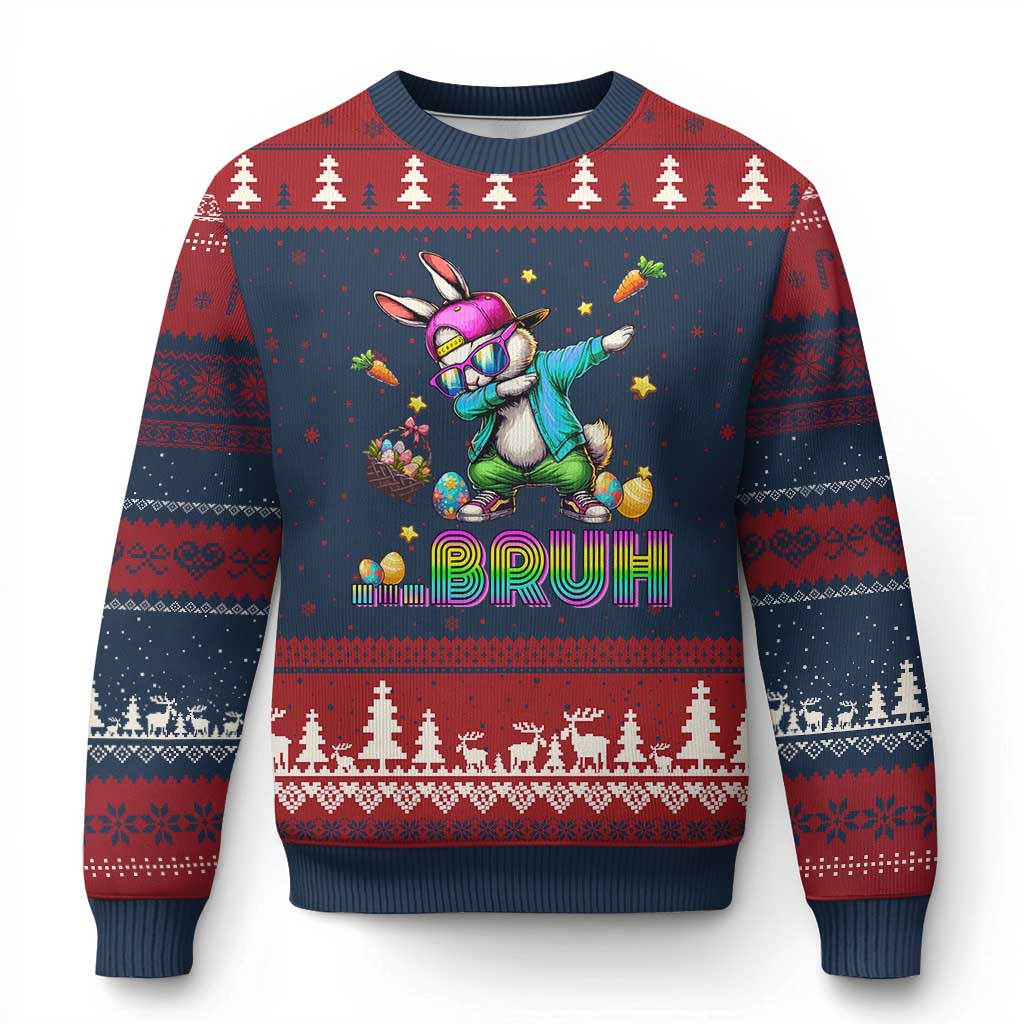 Bruh Dab Bunny Easter Ugly Christmas Sweater Funny 80s Retro Vintage Party Cool Rabbit TS10 Navy Red Print Your Wear