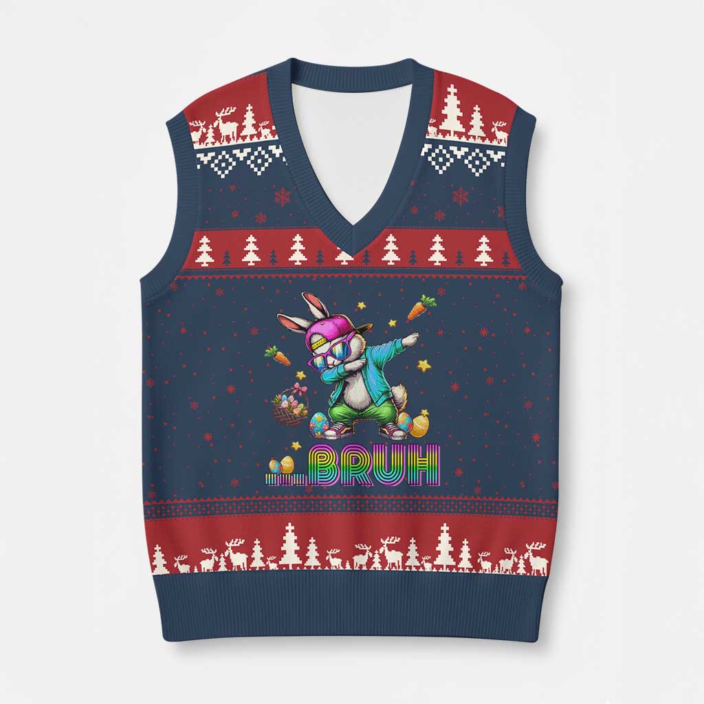 Bruh Dab Bunny Easter V-Neck Knit Sweater Vest Funny 80s Retro Vintage Party Cool Rabbit TS10 Navy Red Print Your Wear