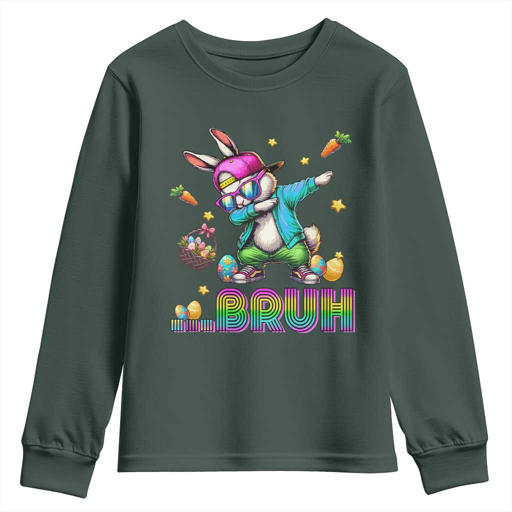 Bruh Dab Bunny Easter Youth Sweatshirt Funny 80s Retro Vintage Party Cool Rabbit TS10 Dark Forest Green Print Your Wear