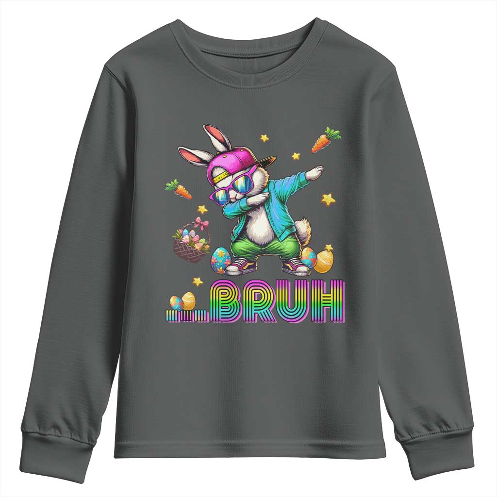 Bruh Dab Bunny Easter Youth Sweatshirt Funny 80s Retro Vintage Party Cool Rabbit TS10 Dark Heather Print Your Wear