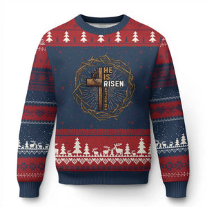 Easter Cross He is Risen Ugly Christmas Sweater Jesus Christian Crown Of Thorns TS10 Navy Red Print Your Wear