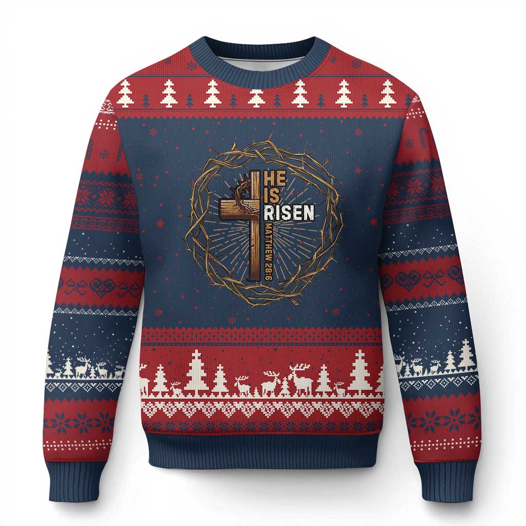 Easter Cross He is Risen Ugly Christmas Sweater Jesus Christian Crown Of Thorns TS10 Navy Red Print Your Wear
