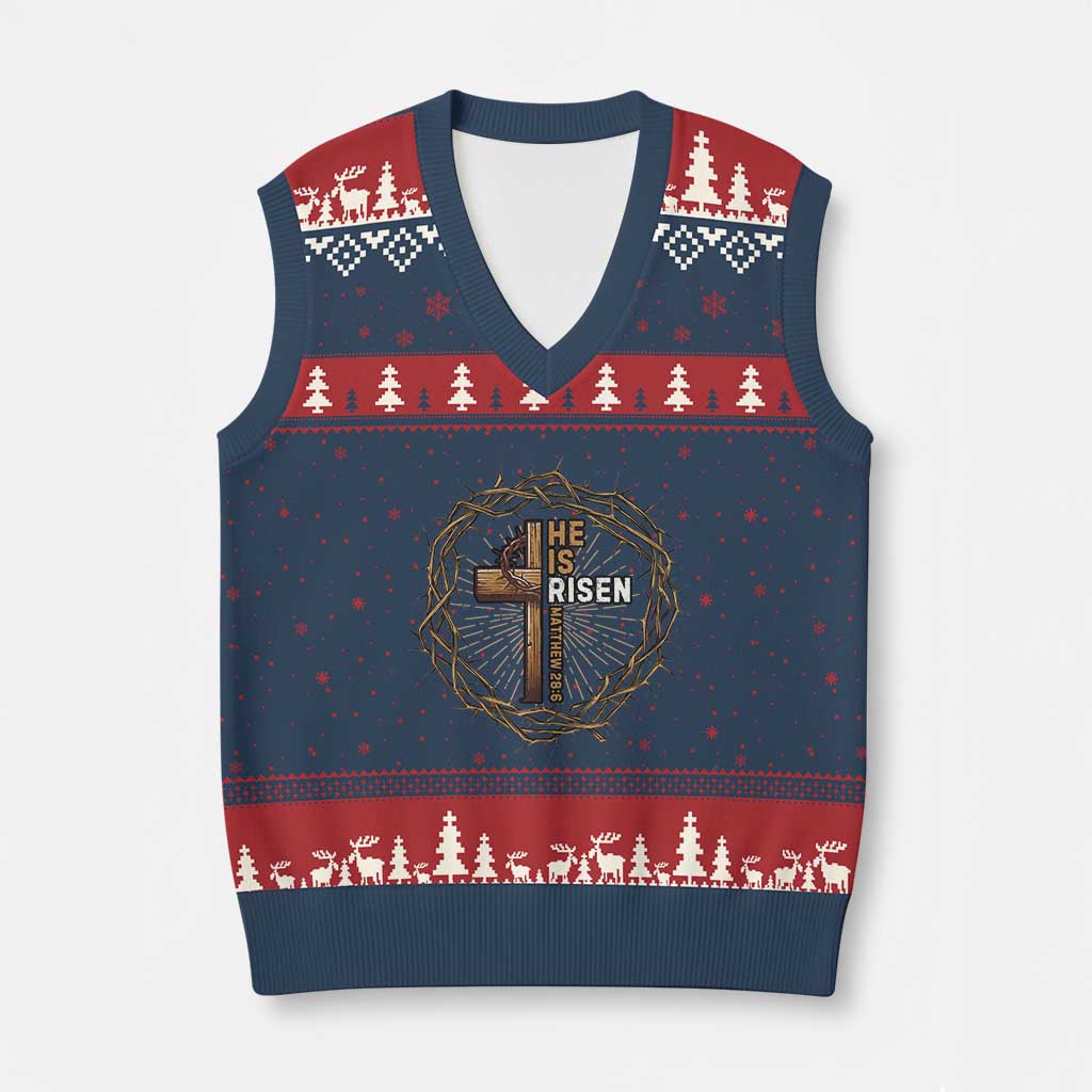 Easter Cross He is Risen V-Neck Knit Sweater Vest Jesus Christian Crown Of Thorns TS10 Navy Red Print Your Wear