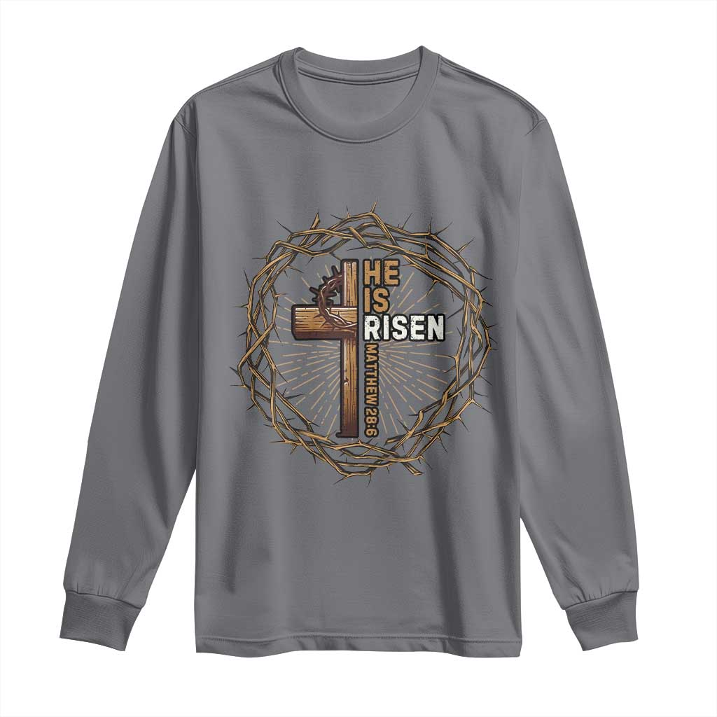 Easter Cross He is Risen Long Sleeve Shirt Jesus Christian Crown Of Thorns TS10 Charcoal Print Your Wear