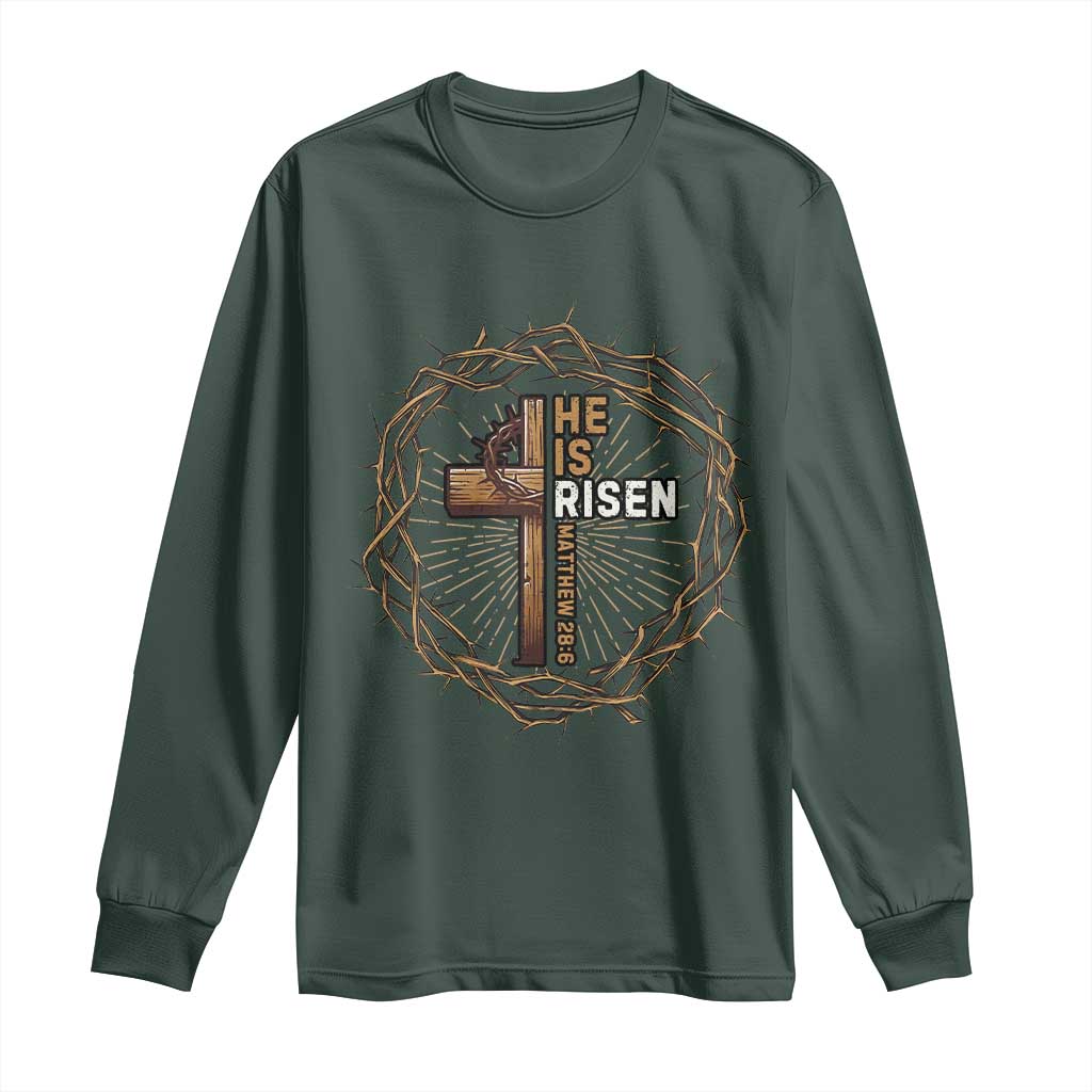 Easter Cross He is Risen Long Sleeve Shirt Jesus Christian Crown Of Thorns TS10 Dark Forest Green Print Your Wear