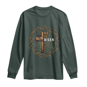 Easter Cross He is Risen Long Sleeve Shirt Jesus Christian Crown Of Thorns TS10 Dark Forest Green Print Your Wear