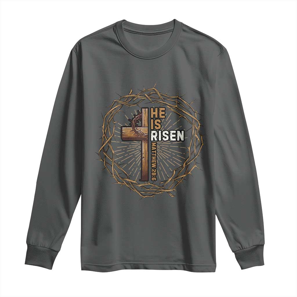 Easter Cross He is Risen Long Sleeve Shirt Jesus Christian Crown Of Thorns TS10 Dark Heather Print Your Wear