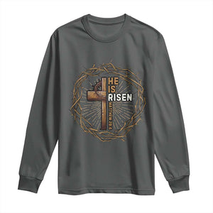 Easter Cross He is Risen Long Sleeve Shirt Jesus Christian Crown Of Thorns TS10 Dark Heather Print Your Wear