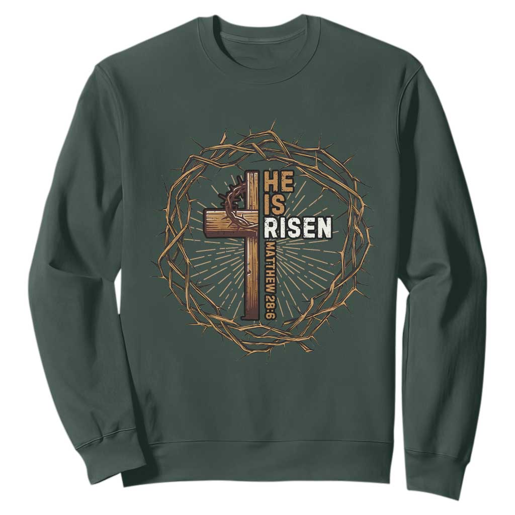 Easter Cross He is Risen Sweatshirt Jesus Christian Crown Of Thorns TS10 Dark Forest Green Print Your Wear