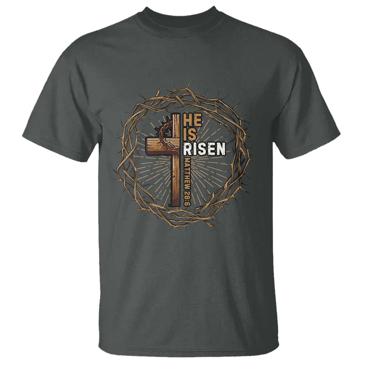 Easter Cross He is Risen T Shirt Jesus Christian Crown Of Thorns TS10 Dark Heather Print Your Wear