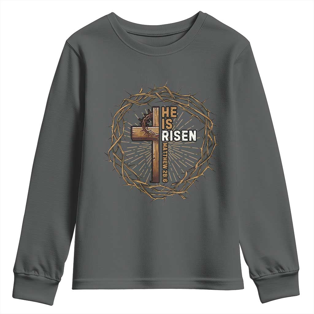 Easter Cross He is Risen Youth Sweatshirt Jesus Christian Crown Of Thorns TS10 Dark Heather Print Your Wear