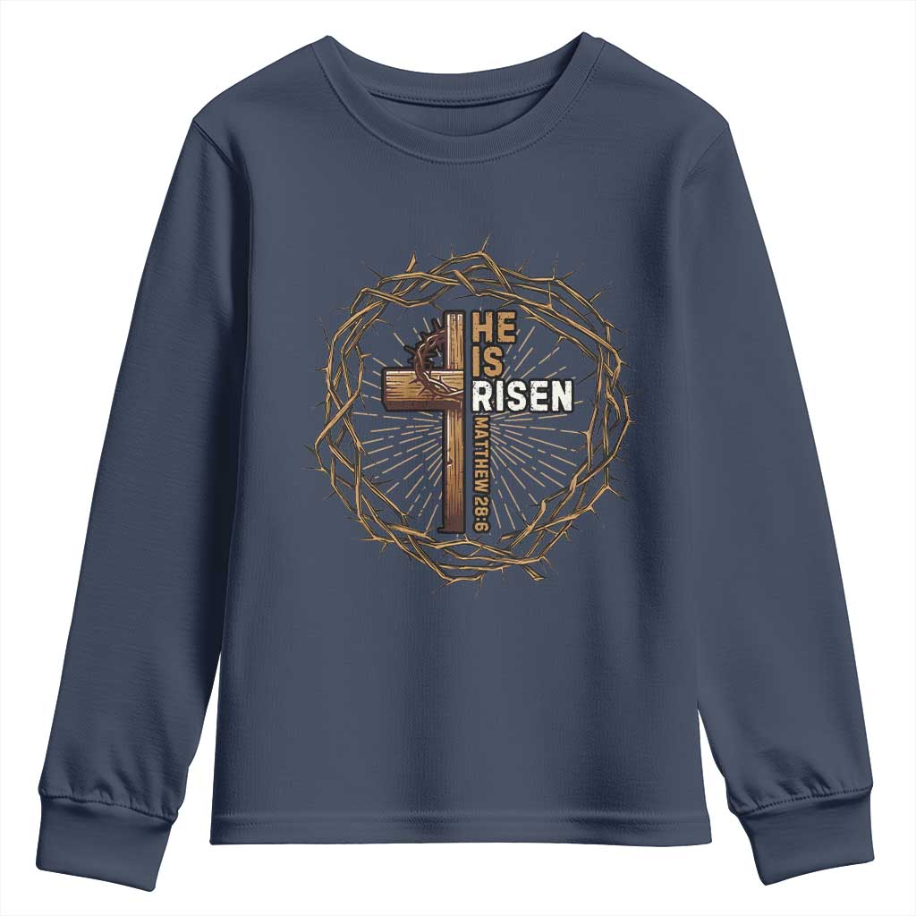 Easter Cross He is Risen Youth Sweatshirt Jesus Christian Crown Of Thorns TS10 Navy Print Your Wear