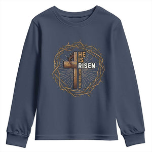 Easter Cross He is Risen Youth Sweatshirt Jesus Christian Crown Of Thorns TS10 Navy Print Your Wear