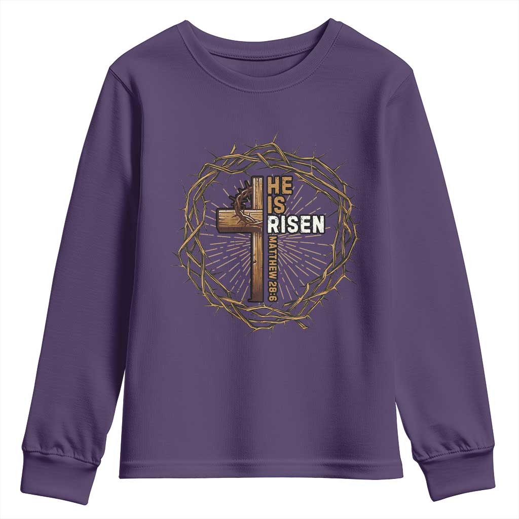 Easter Cross He is Risen Youth Sweatshirt Jesus Christian Crown Of Thorns TS10 Purple Print Your Wear