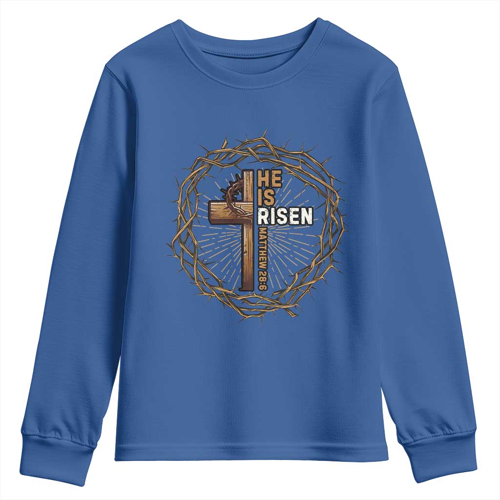 Easter Cross He is Risen Youth Sweatshirt Jesus Christian Crown Of Thorns TS10 Royal Blue Print Your Wear