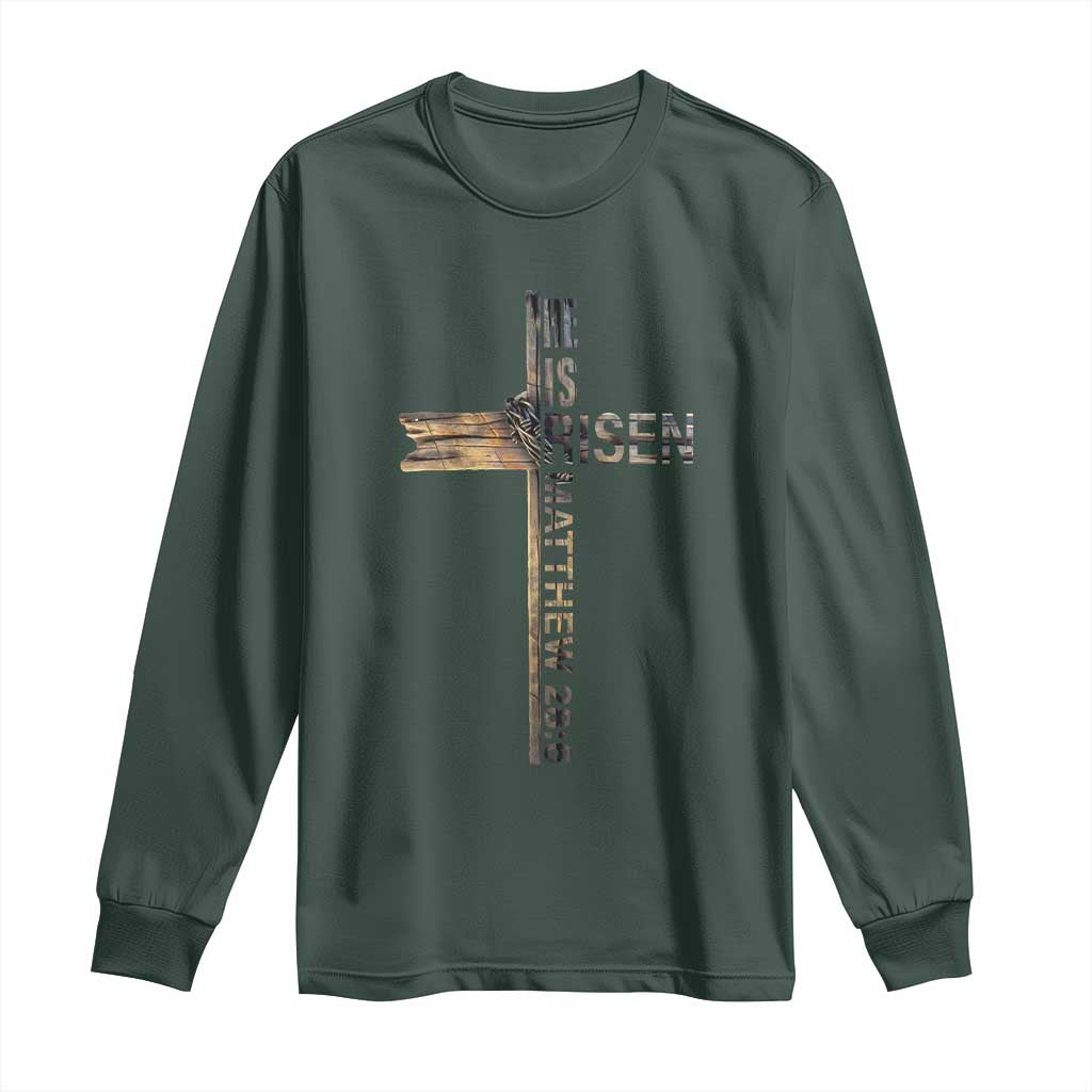 He is Risen Long Sleeve Shirt Religious Easter Cross Jesus Christian TS10 Dark Forest Green Print Your Wear