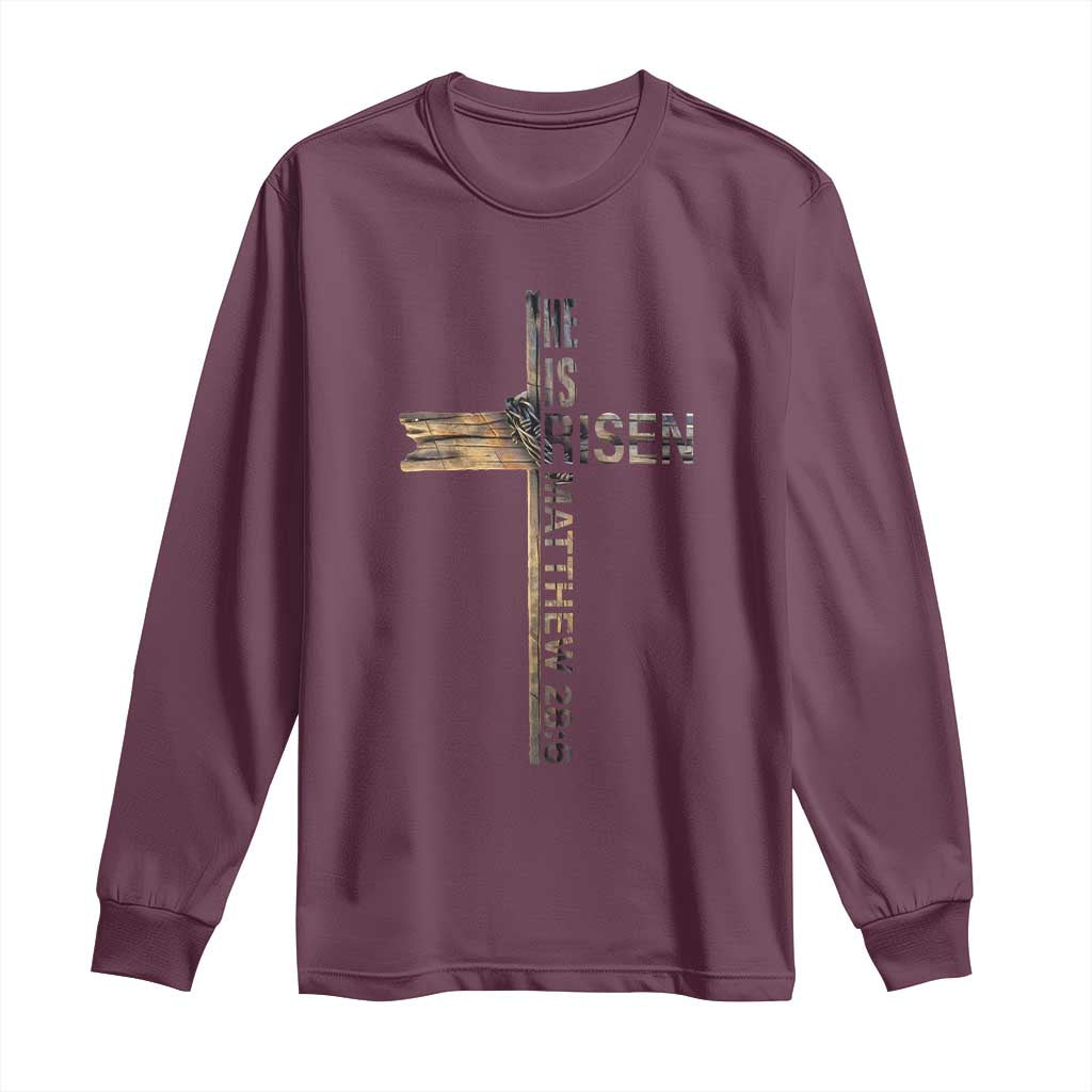 He is Risen Long Sleeve Shirt Religious Easter Cross Jesus Christian TS10 Maroon Print Your Wear