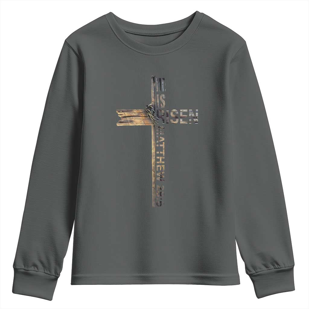 He is Risen Youth Sweatshirt Religious Easter Cross Jesus Christian TS10 Dark Heather Print Your Wear